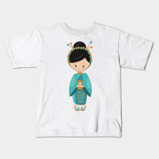 Japanese Girl, Japan, Cute Girl, Blue Kimono Kids T-Shirt